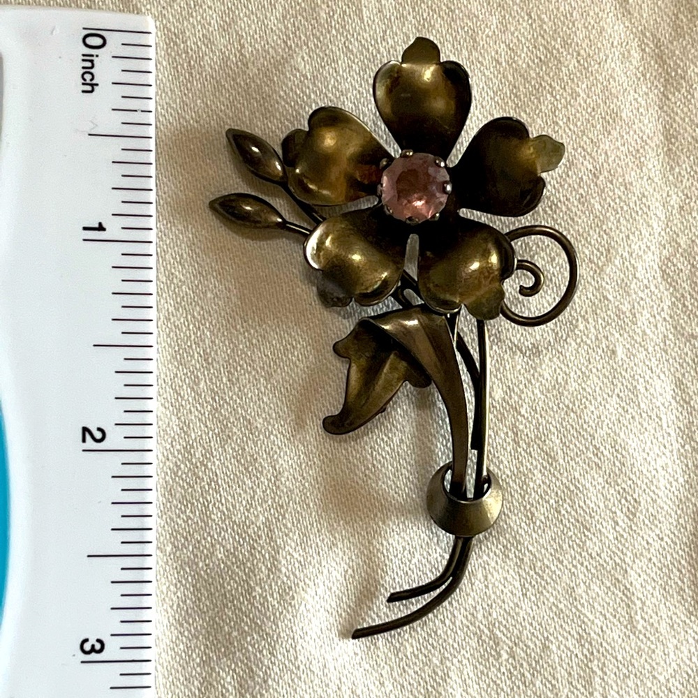 925 Sterling Silver Carl Art Stamped Vintage Flower Pin Brooch with Pink Stone